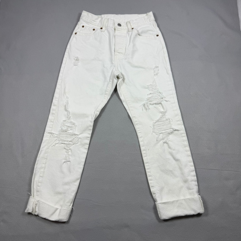 Levis 501 Original Fit White Distressed Button Fly Jeans W25 L30 Distruction